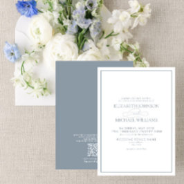 Convites Código QR Casamento de Script Clássico Azul Dusty