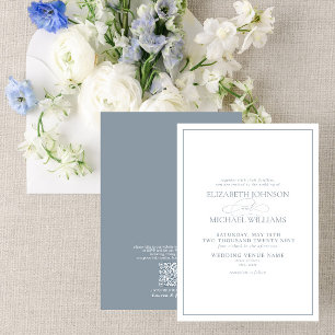 Convites Código QR Casamento de Script Clássico Azul Dusty 