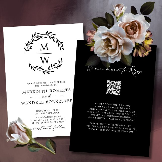 Convites Código QR Casamento de Terra do Monograma Branco e (QR Code Black and White Monogram Wreath Wedding Invitation)