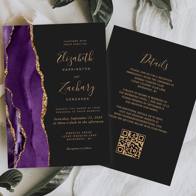 Convites Código QR Casamento Dourado de Agate Dark Roxo (Criador carregado)
