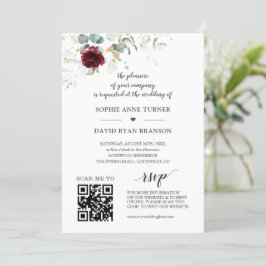Convites Código QR Casamento Dourado de Borgonha Verde Flor