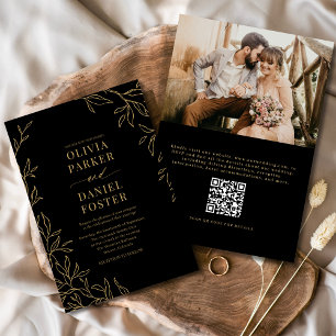 Convites Código QR Casamento Dourado de Foto Elegante Preto