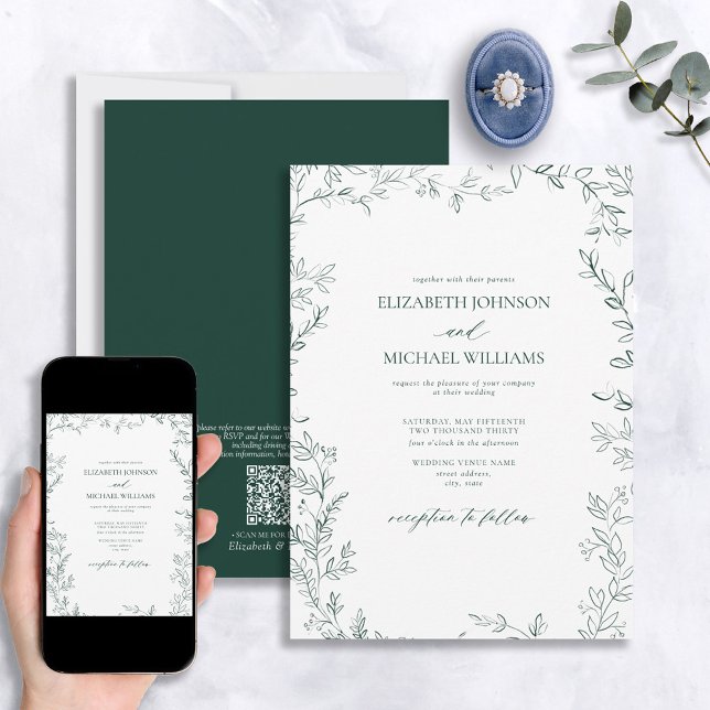 Convites Código QR Casamento Elegante Mínimo Folha Verde Es (Criador carregado)