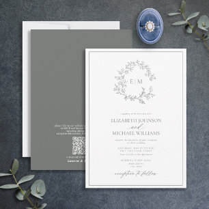 Convites Código QR Casamento Eucalyptus Leafy Crest Monogra