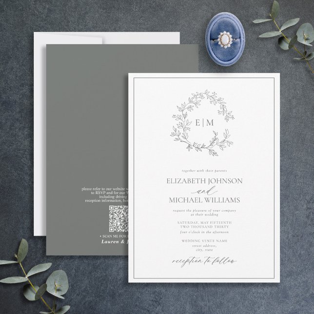 Convites Código QR Casamento Eucalyptus Leafy Crest Monogra (Criador carregado)