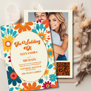 Convites Código QR Casamento Flor de Daisy Retro Moderno do