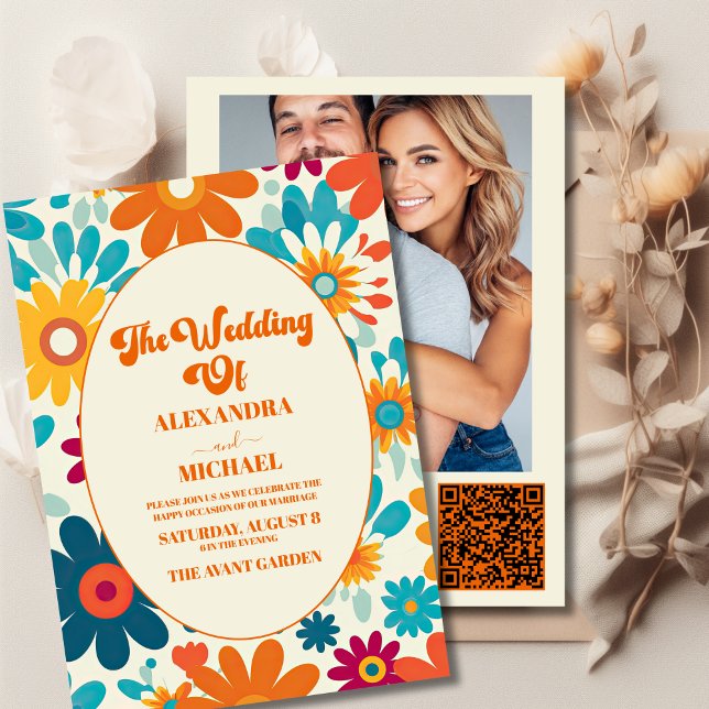 Convites Código QR Casamento Flor de Daisy Retro Moderno do (Criador carregado)