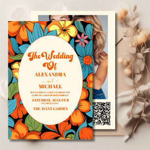 Convites Código QR Casamento Floral Boho Anos 70 Retro
