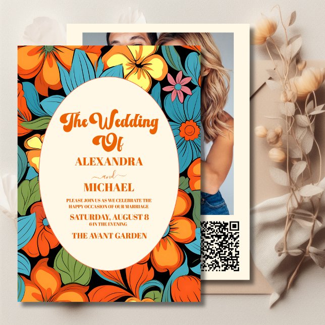 Convites Código QR Casamento Floral Boho Anos 70 Retro (Criador carregado)