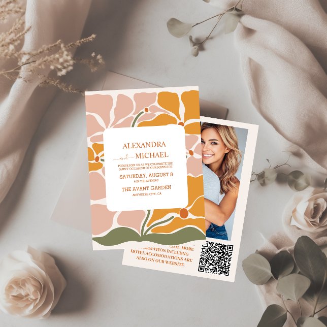 Convites Código QR Casamento Floral Boho Chic Retro (Criador carregado)
