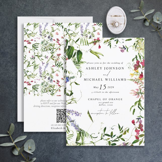 Convites Código QR Casamento Floral Botânico de Flor Selvag (Criador carregado)