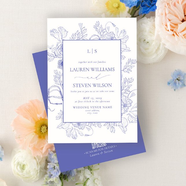Convites Código QR Casamento Floral de Lavanda Elegante Mon (Criador carregado)