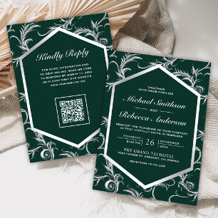 Convites Código QR Casamento Floral Prateado Esmeralda