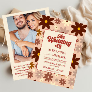 Convites Código QR Casamento Floral Retro Groovy Moderno do