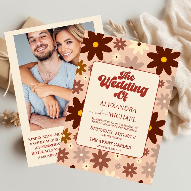 Convites Código QR Casamento Floral Retro Groovy Moderno do (Criador carregado)