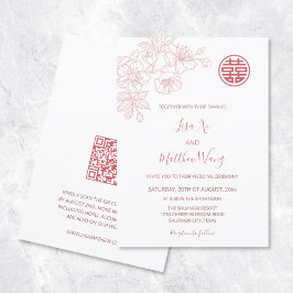 Convites Código QR | Casamento Floral Rosa Chinês Americano