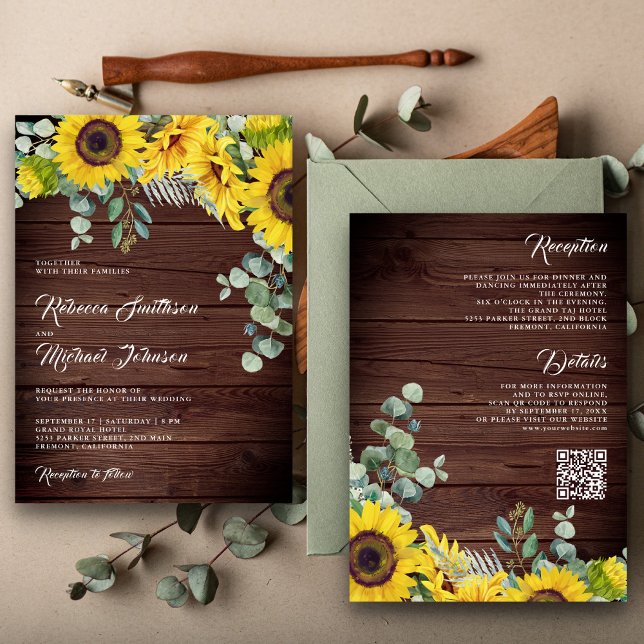 Convites Código QR Casamento Girassóis Eucalipto Madeira Rú (Criador carregado)