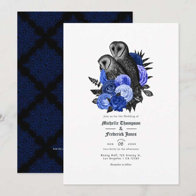 Convites Código QR Casamento Gótico Corujas Azul Real Vinta (Frente/Verso)