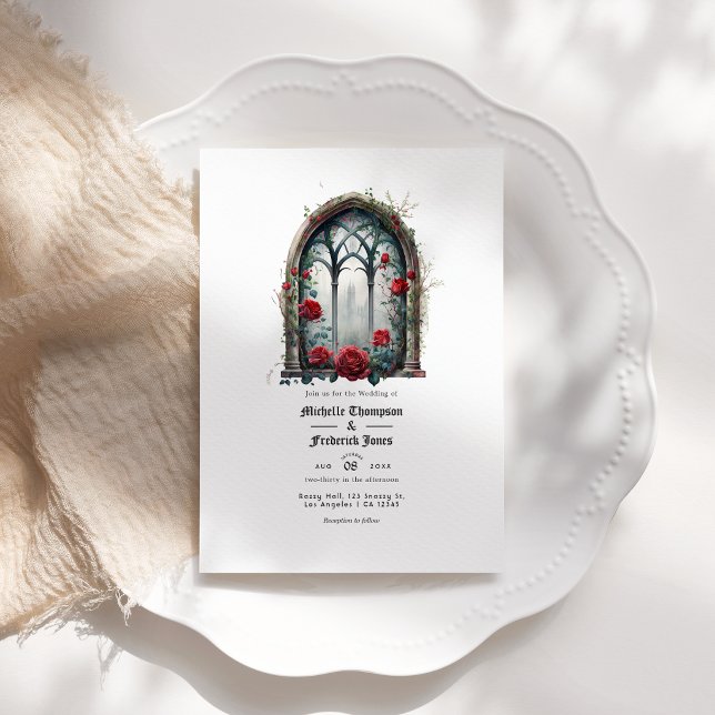 Convites Código QR Casamento Gótico Janela Castelo Fantasia (Dark Fantasy Castle Window Gothic Wedding QR Code Invitation)