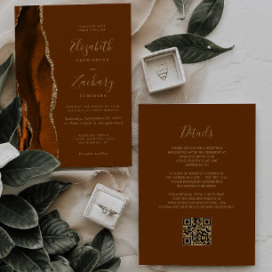 Convites Código QR Casamento Marrom Dourado Ágata Laranja Q