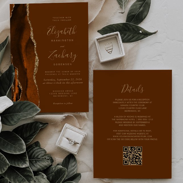 Convites Código QR Casamento Marrom Dourado Ágata Laranja Q (Criador carregado)