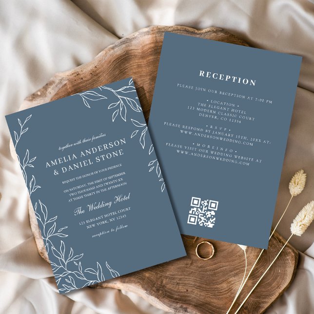 Convites Código QR Casamento Mínimo de Folha Azul com Derra (Criador carregado)