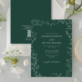 Convites Código QR Casamento Mínimo de Folha Elegante Emera