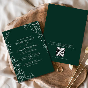 Convites Código QR Casamento Mínimo de Folha Emerald Verde 