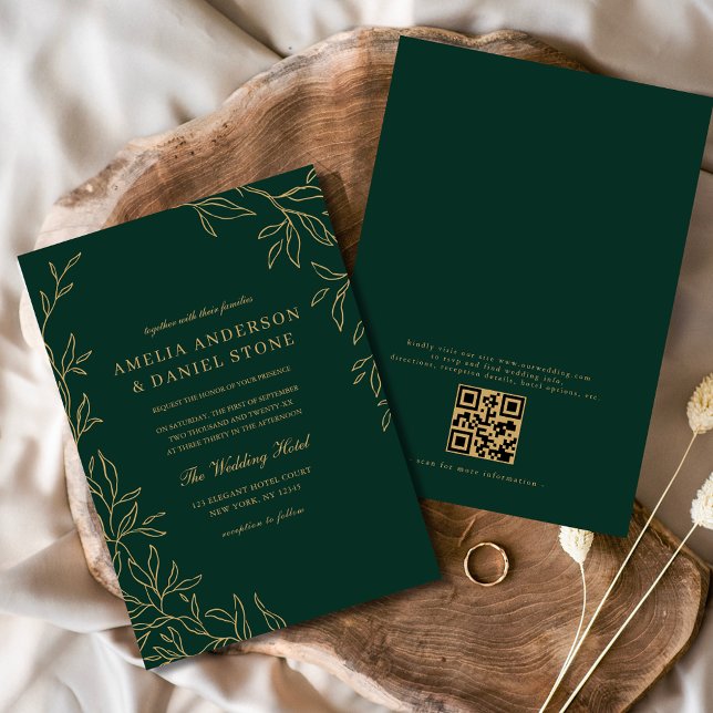Convites Código QR Casamento Mínimo de Folha Emerald Verde  (Criador carregado)