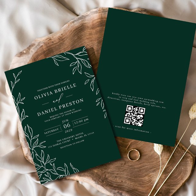 Convites Código QR Casamento Mínimo de Folha Emerald Verde  (Criador carregado)