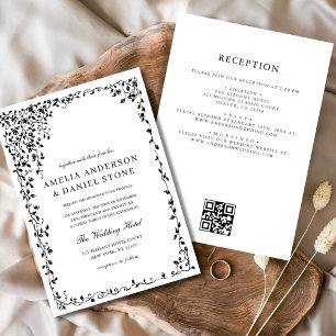 Convites Código QR Casamento Mínimo de Folha Preto e Branco