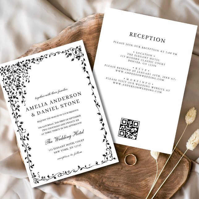 Convites Código QR Casamento Mínimo de Folha Preto e Branco (Criador carregado)