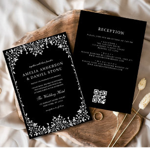 Convites Código QR Casamento Mínimo de Folha Preto e Branco