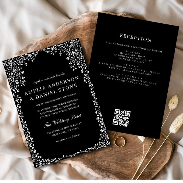 Convites Código QR Casamento Mínimo de Folha Preto e Branco (Criador carregado)