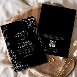 Convites Código QR Casamento Mínimo de Folha Preto e Branco