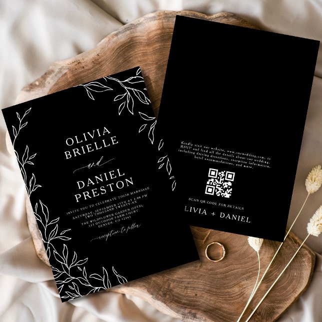 Convites Código QR Casamento Mínimo de Folha Preto e Branco (Criador carregado)