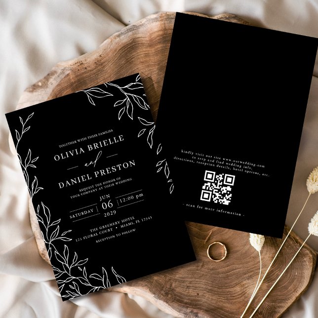 Convites Código QR Casamento Mínimo de Folha Preto e Branco (Criador carregado)