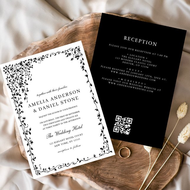 Convites Código QR Casamento Mínimo de Folha Preto e Branco (Criador carregado)