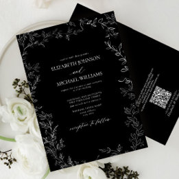 Convites Código QR Casamento Mínimo de Folha Preto e Branco