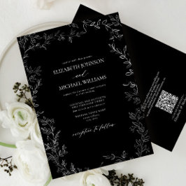 Convites Código QR Casamento Mínimo de Folha Preto e Branco
