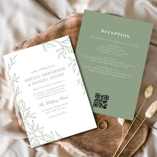 Convites Código QR Casamento Mínimo de Folha Verde Sage Mod