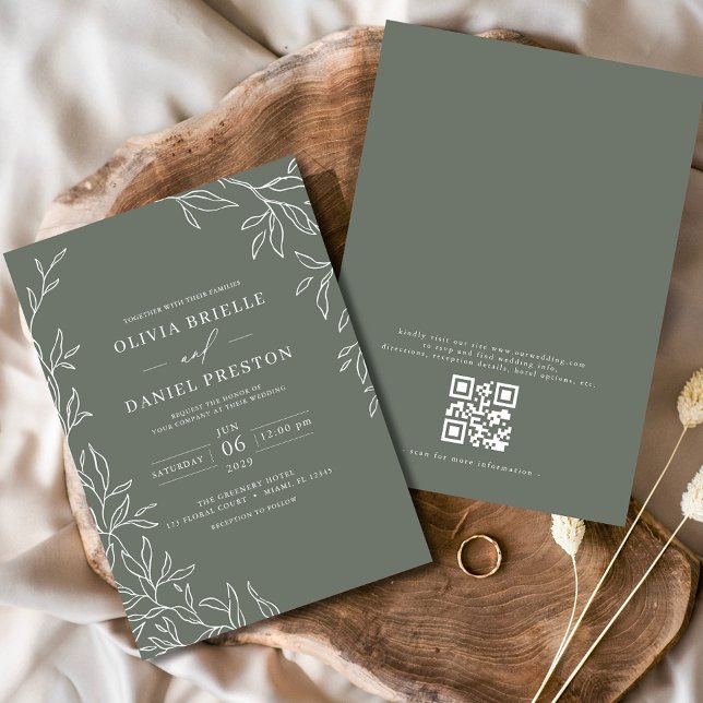 Convites Código QR Casamento Mínimo de Folha Verde Sage Mod (Criador carregado)