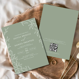 Convites Código QR Casamento Mínimo de Folha Verde Sage Mod