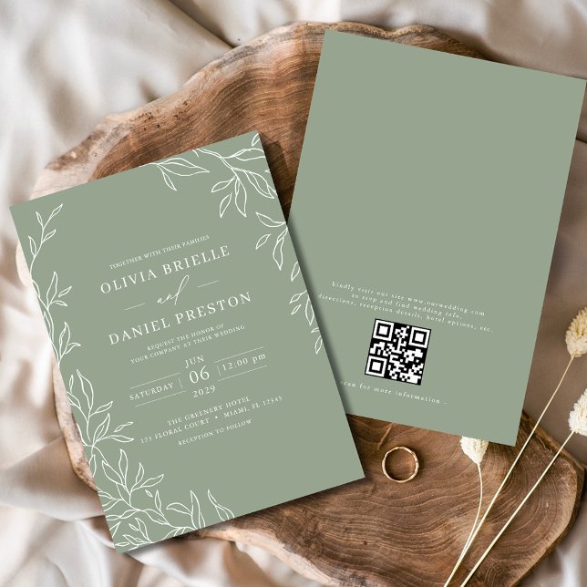 Convites Código QR Casamento Mínimo de Folha Verde Sage Mod (Criador carregado)