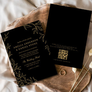 Convites Código QR Casamento Mínimo Dourado Preto Moderno c