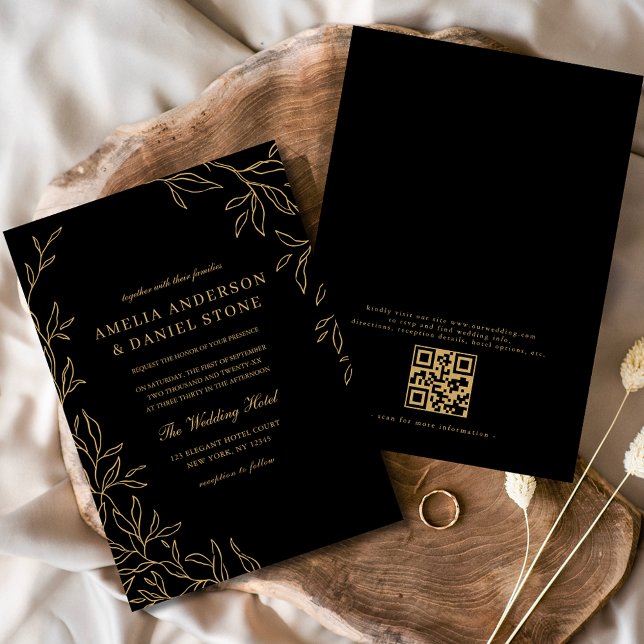 Convites Código QR Casamento Mínimo Dourado Preto Moderno c (Criador carregado)