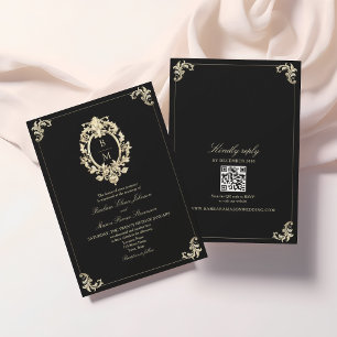 Convites Código QR Casamento Monograma Barroco Preto Dourad
