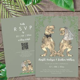 Convites Código QR Casamento Noiva e Noivo Dinossauro Verde