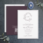 Convites Código QR Casamento Púrpura Folha Púrpura Folha Mo<br><div class="desc">Estamos adorando este convite de casamento roxo de ameixa moderno! Simples, elegante e tão bonito, ele apresenta uma coroa desenhada à mão rodeando um monograma moderno de casamento. É personalizado em tipografia elegante, e acentuado com caligrafia manuscrita. Por último, é cortado num quadro delicado. Economize o custo no papel de...</div>