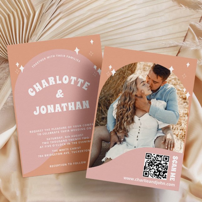 Convites Código QR Casamento Retroativo Moderno Brilhante (Criador carregado)
